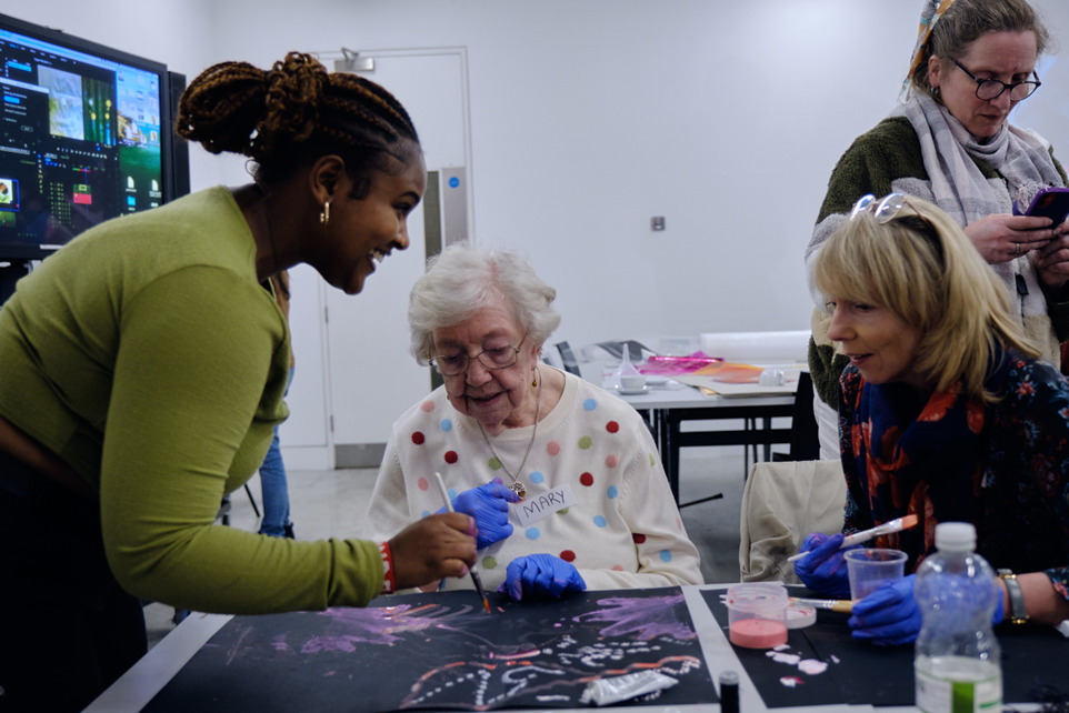 Arts for Dementia members printmaking with Central Saint Martins