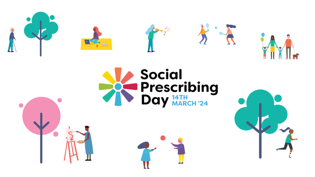 The words 'Social prescribing day 14th March 2024' on a white background with various colourful images of people playing catch, painting and running, and also trees.