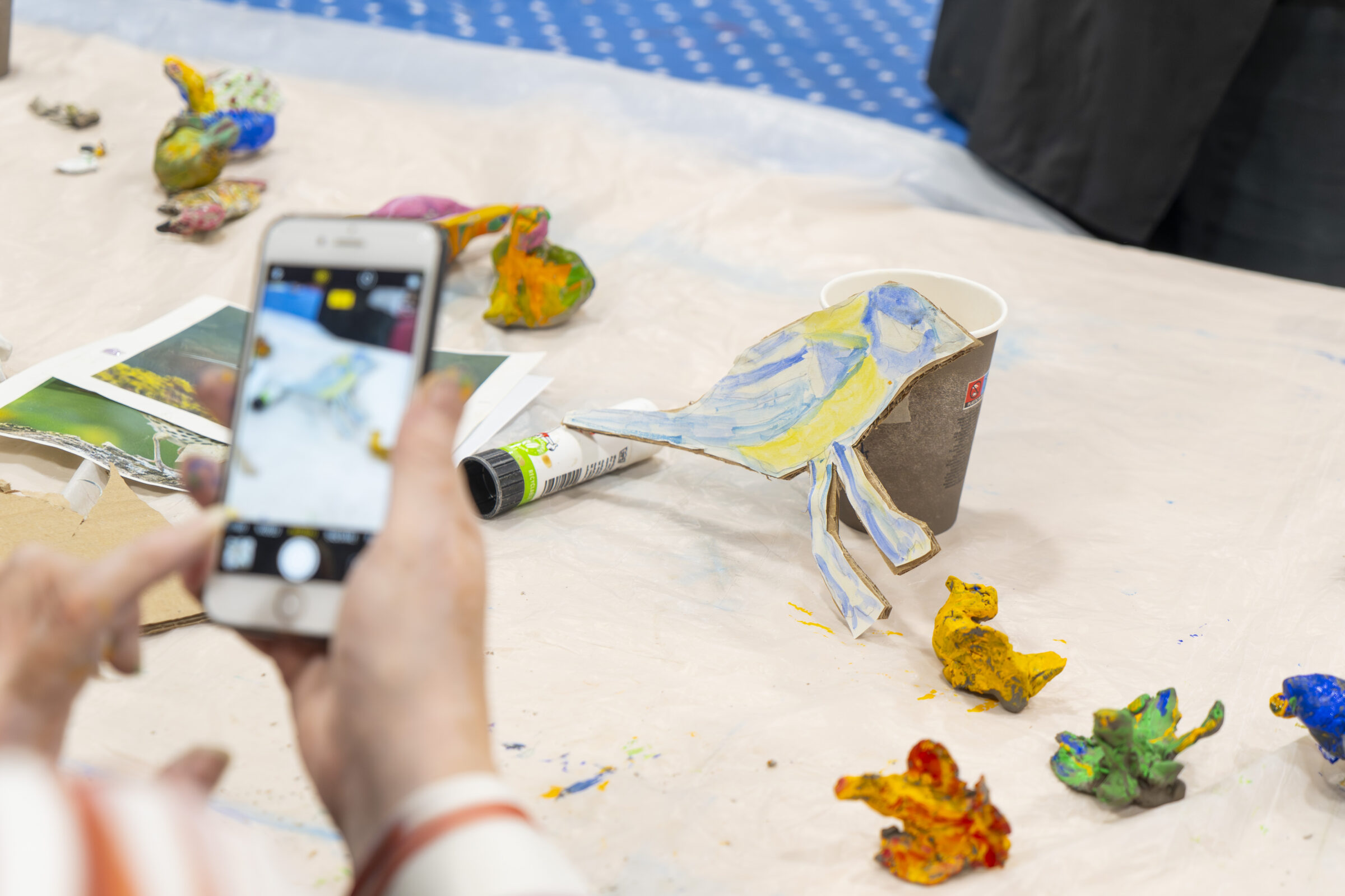 Participant using phone to take photos of 3D drawings of birds