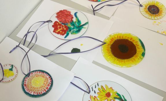 Flowers painted onto glass decorations