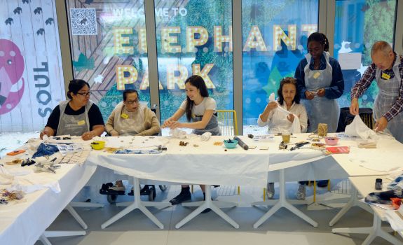 Participants print making at the first programme at The Tree House, Elephant Park.